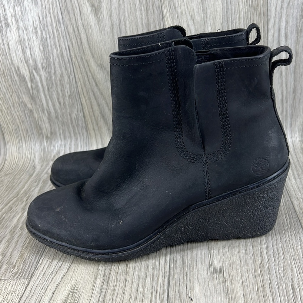Timberland Amston Chelsea Pull On Leather Black Wedge Boots Women - Picture 4 of 10